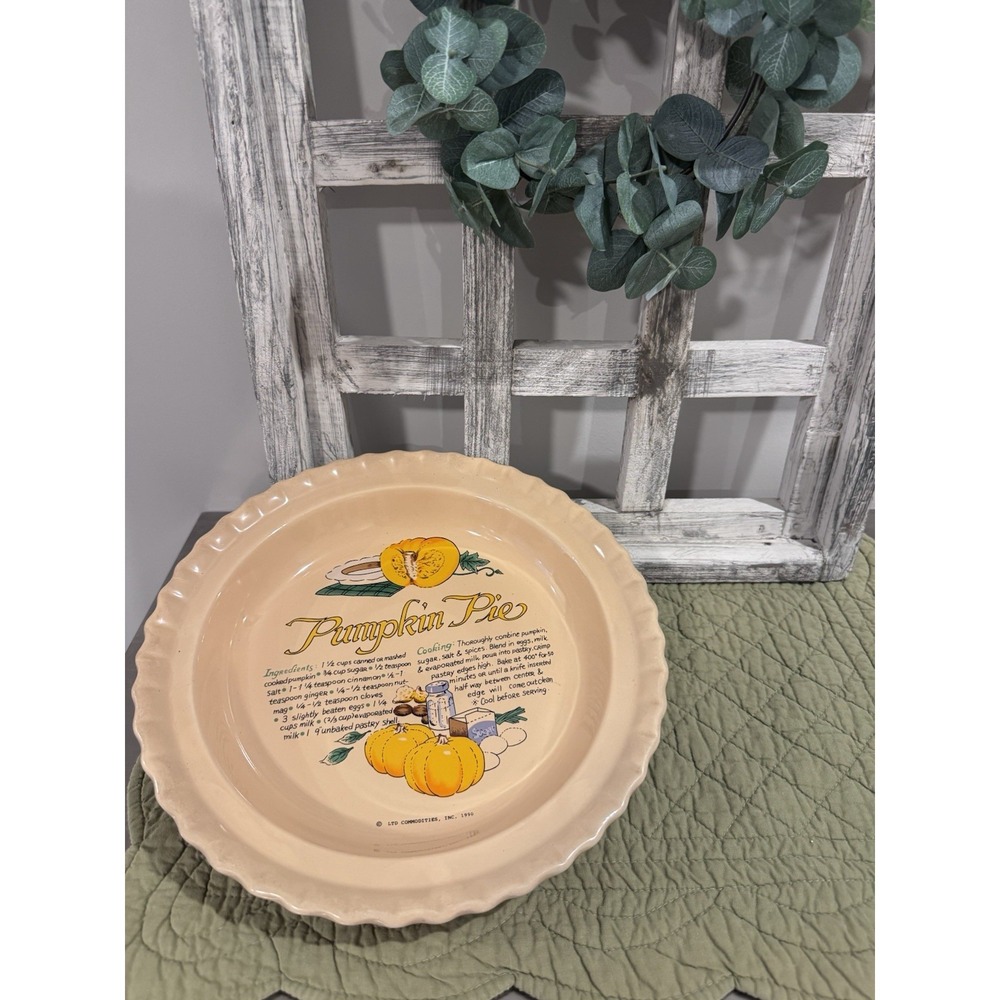 Vintage Pumpkin Pie Recipe Dish Ceramic  Baking Pie Plate Ltd Commodities 1990